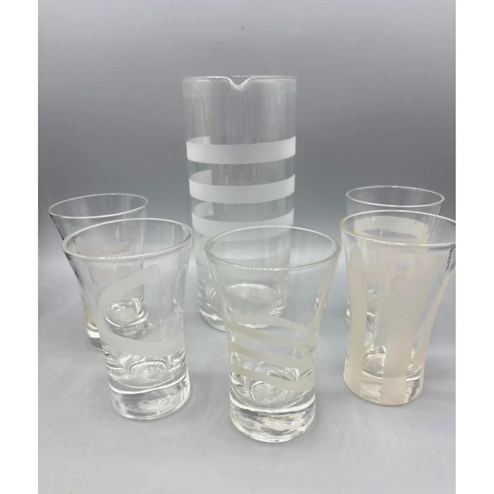 Vtg Frosted Striped Glass Pitcher 5 Shot‎ Glasses Set Mid Century Modern Barware